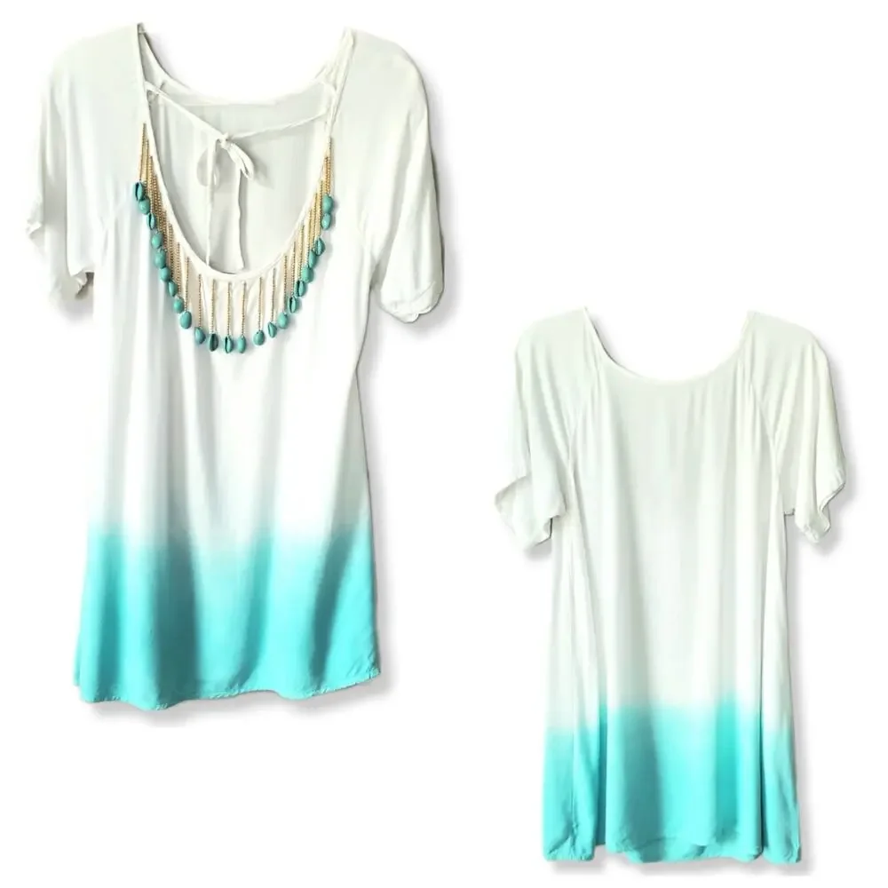 Soft Surroundings White Blue Shell Bead Tunic Top S Boho Beach Coastal Resort